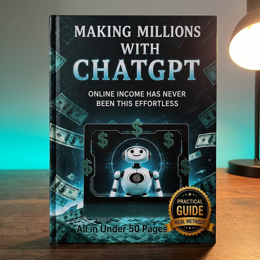 Making Millions with ChatGPT hardcover standing on a desk in warm lamp light