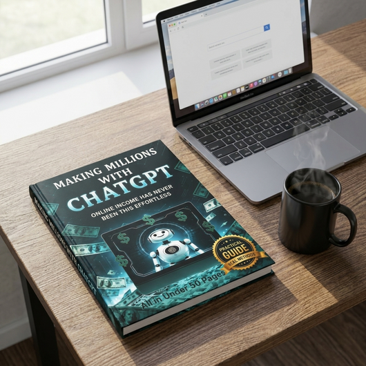 Making Millions with ChatGPT angled on a desk beside a laptop
