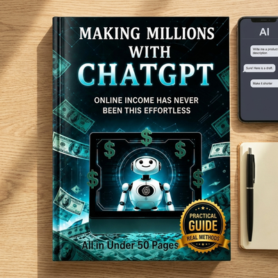 Flat-lay of Making Millions with ChatGPT beside a phone showing an AI chat